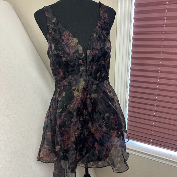Lulu's Imagine Romance Dark‎ Floral  Organza Skater Dress Large whimsigoth fairy - Picture 1 of 10